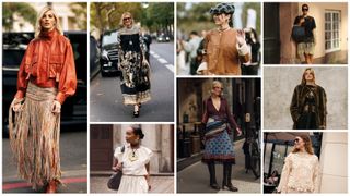 An eight image graphic of women wearing bohemian outfits at fashion week