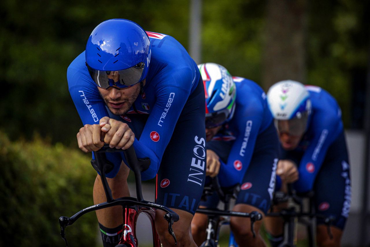 Italy's Filippo Ganna leads the men's trio in the Team Relay