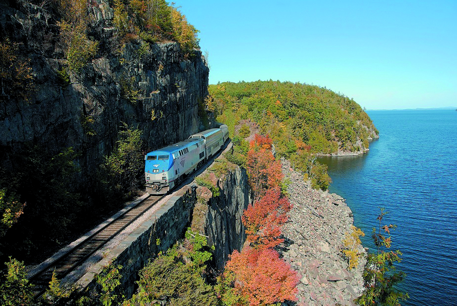 An Amtrak train on the Adirondack route during the fall