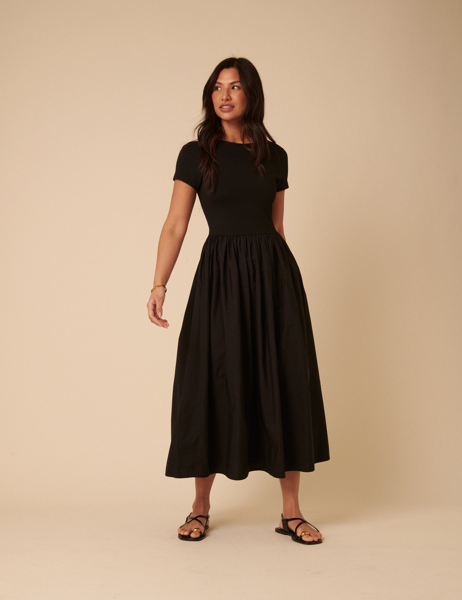 Black Short Sleeve A-Line Sarah Midi Dress