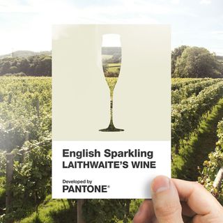 cream white english sparkling wine card with green trees