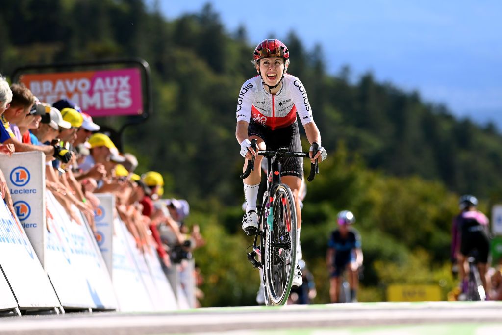 PLANCHE DES BELLES FILLES FRANCE JULY 31 Valentine Fortin of France and Team Cofidis Fminin crosses the finish line during the 1st Tour de France Femmes 2022 Stage 8 a 1233km stage from Lure to La Super Planche des Belles Filles TDFF UCIWWT on July 31 2022 in Planche des Belles Filles France Photo by Tim de WaeleGetty Images