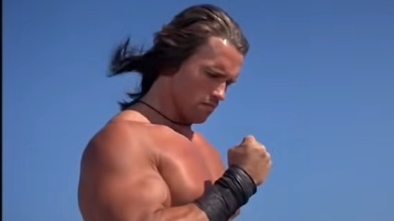 Arnold Schwarzenegger making a fist in Conan the Barbarian