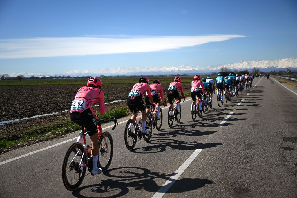 SALASSA ITALY MARCH 13 LR Stefan de Bod of South Africa Marijn van Den Berg of The Netherlands and Team EF Education EasyPost and a general view of the peloton competing with the Alps in the background during the 105th MilanoTorino 2024 a 177km one day race from Rho to Salassa 346m on March 13 2024 in Salassa Italy Photo by Dario BelingheriGetty Images