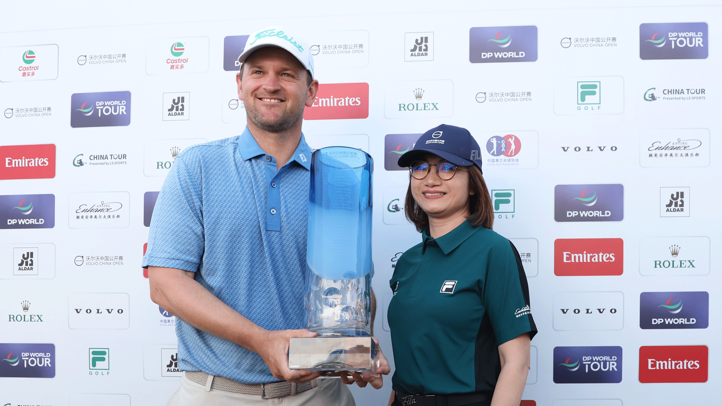 Bernd Wiesberger poses with the Volvo China Open trophy after winning in 2026