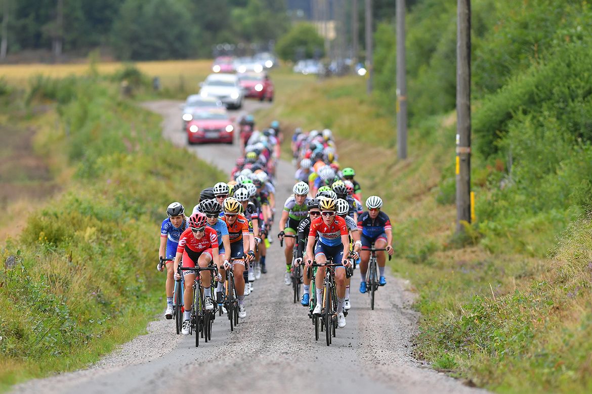 Christine Majerus on the front on one of the gravel sectors