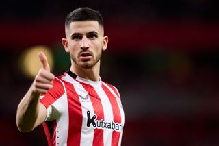 Oihan Sancet of Athletic Club reacts during the UEFA Europa League 2024/25 League Phase MD5 match between Athletic Club and IF Elfsborg at Estadio de San Mames on November 28, 2024 in Bilbao, Spain.