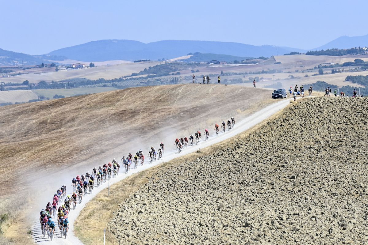 Illustration picture shows the pack of riders in action during the Strade Bianche one day cycling race 184km men from and to Siena Italy Saturday 01 August 2020 BELGA PHOTO DIRK WAEM Photo by DIRK WAEMBELGA MAGAFP via Getty Images