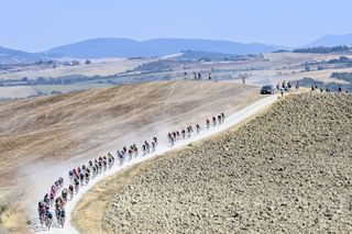 Illustration picture shows the pack of riders in action during the Strade Bianche one day cycling race 184km men from and to Siena Italy Saturday 01 August 2020 BELGA PHOTO DIRK WAEM Photo by DIRK WAEMBELGA MAGAFP via Getty Images