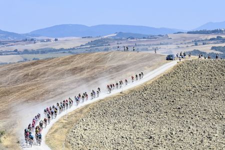 Illustration picture shows the pack of riders in action during the Strade Bianche one day cycling race 184km men from and to Siena Italy Saturday 01 August 2020 BELGA PHOTO DIRK WAEM Photo by DIRK WAEMBELGA MAGAFP via Getty Images
