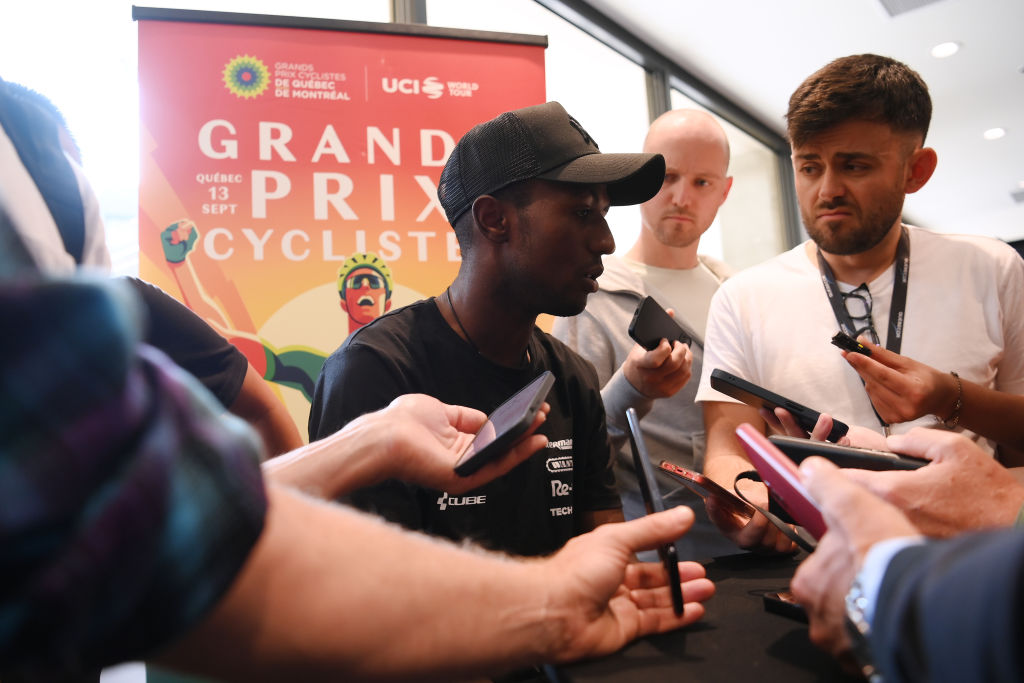 Biniam Girmay (Intermarché-Wanty) speaks to the world's media before the racing begins in Canada