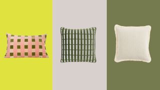 an assortment of throw pillows on a colorful background