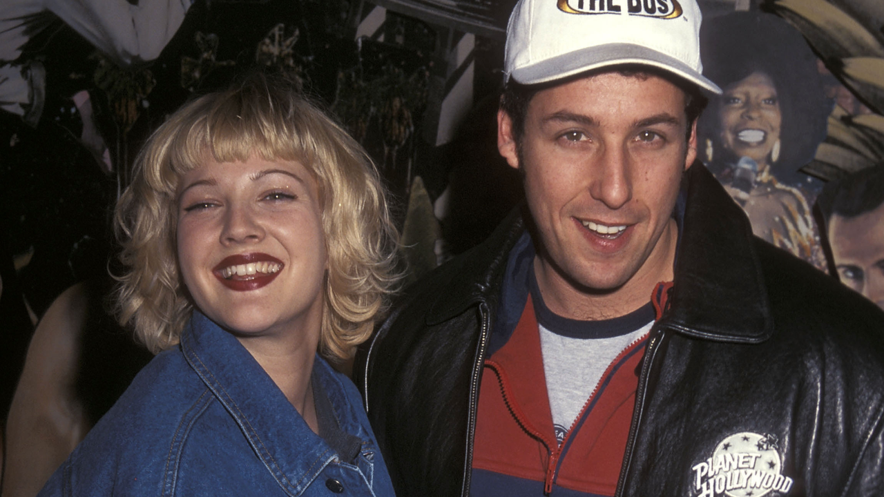 Actress Drew Barrymore and comedian Adam Sandler attend &quot;The Wedding Singer&quot; Memorabilias Donated to Planet Hollywood on February 5, 1998 at Planet Hollywood in New York City