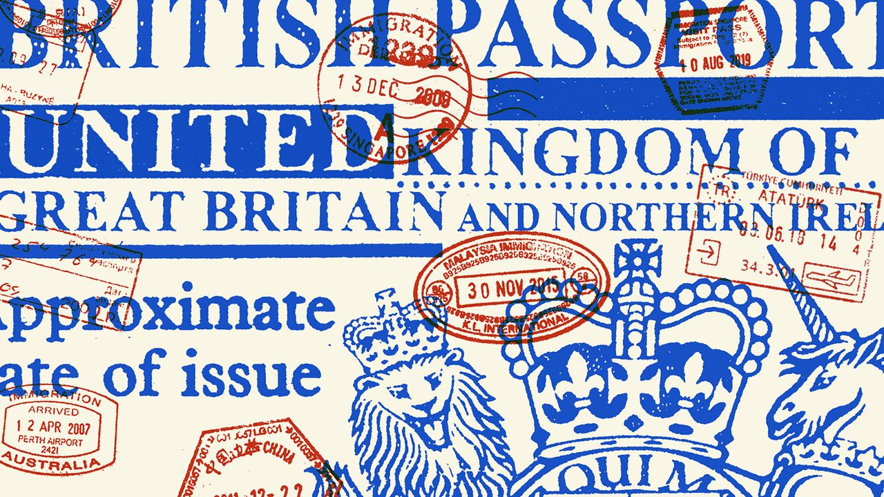 Illustration of British passport text and travel stamps