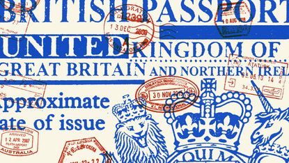 Illustration of British passport text and travel stamps