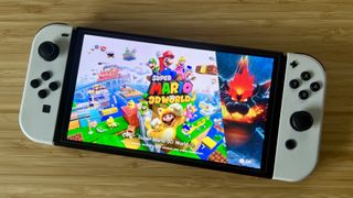 Nintendo Switch OLED playing Super Mario 3D World