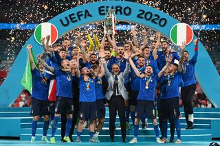 Giorgio Chiellini, Captain of Italy lifts The Henri Delaunay Trophy following his team's victory in the UEFA Euro 2020 Championship Final between Italy and England at Wembley Stadium on July 11, 2021 in London, England. (Photo by Michael Regan/UEFA via Getty Images) Euro 2024