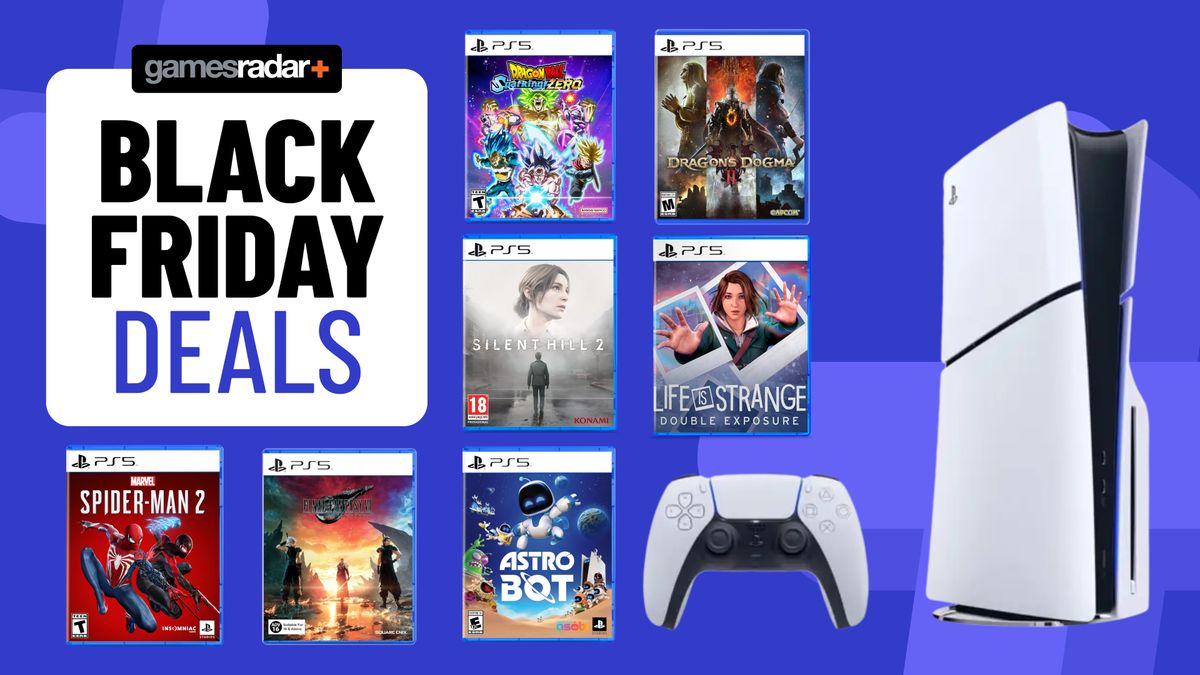 PS5 console and games on a blue background with Black Friday deals badge