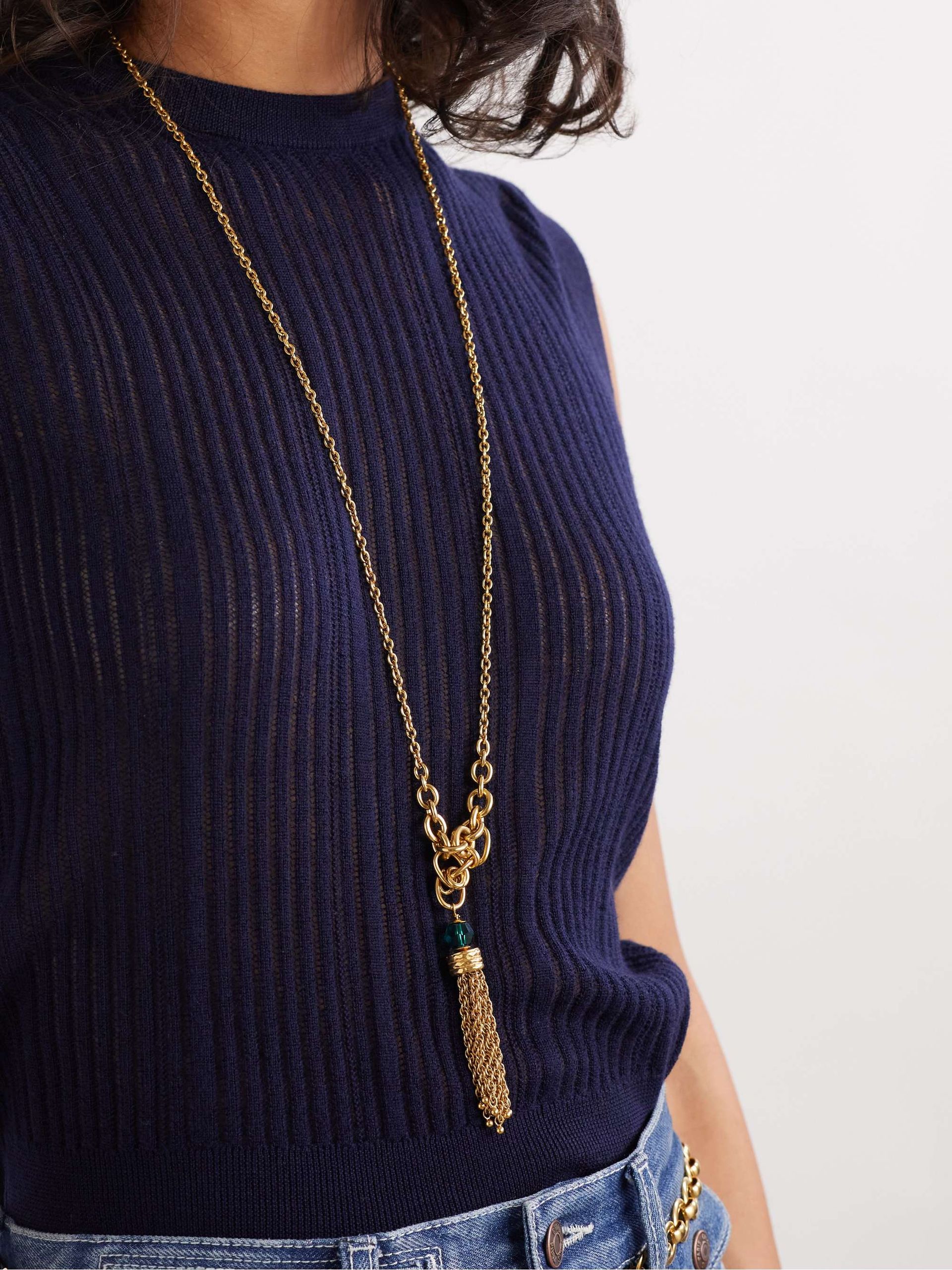 Bead-Embellished Tassel Gold-Tone Necklace