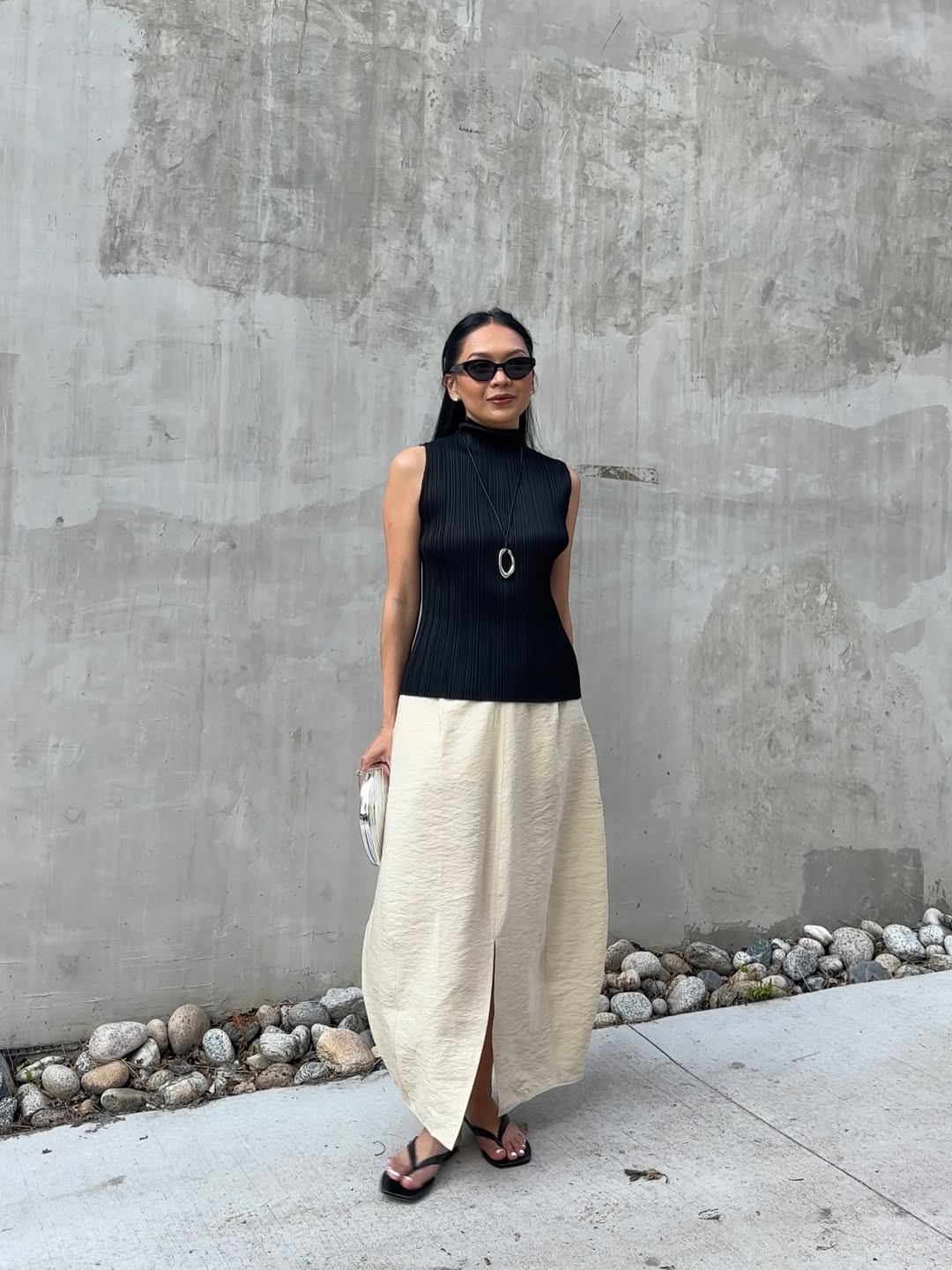 Dawn in high-neck top and skirt