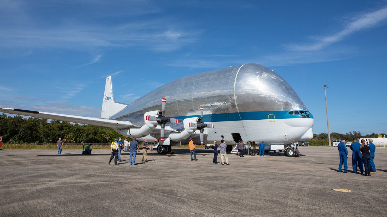 NASA's Super Guppy transport plane waits to ferry the Orion capsule from Florida to Plum Brook Station in Ohio for testing.