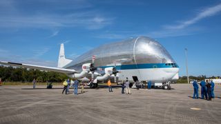 NASA's Super Guppy transport plane waits to ferry the Orion capsule from Florida to Plum Brook Station in Ohio for testing.