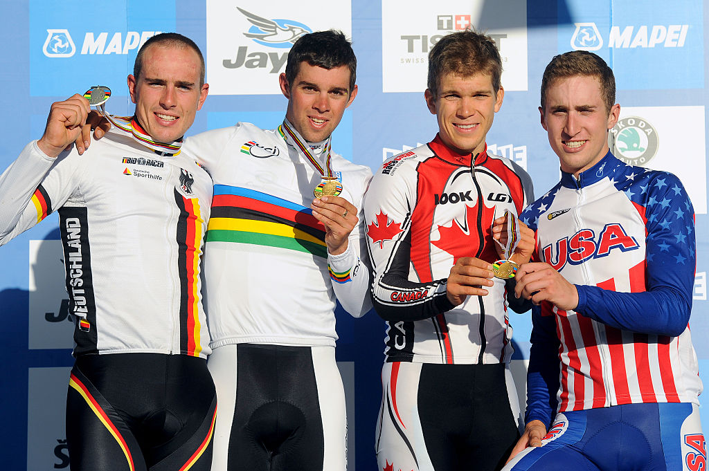 The podium of the U23 men's race at the World Championships 2010
