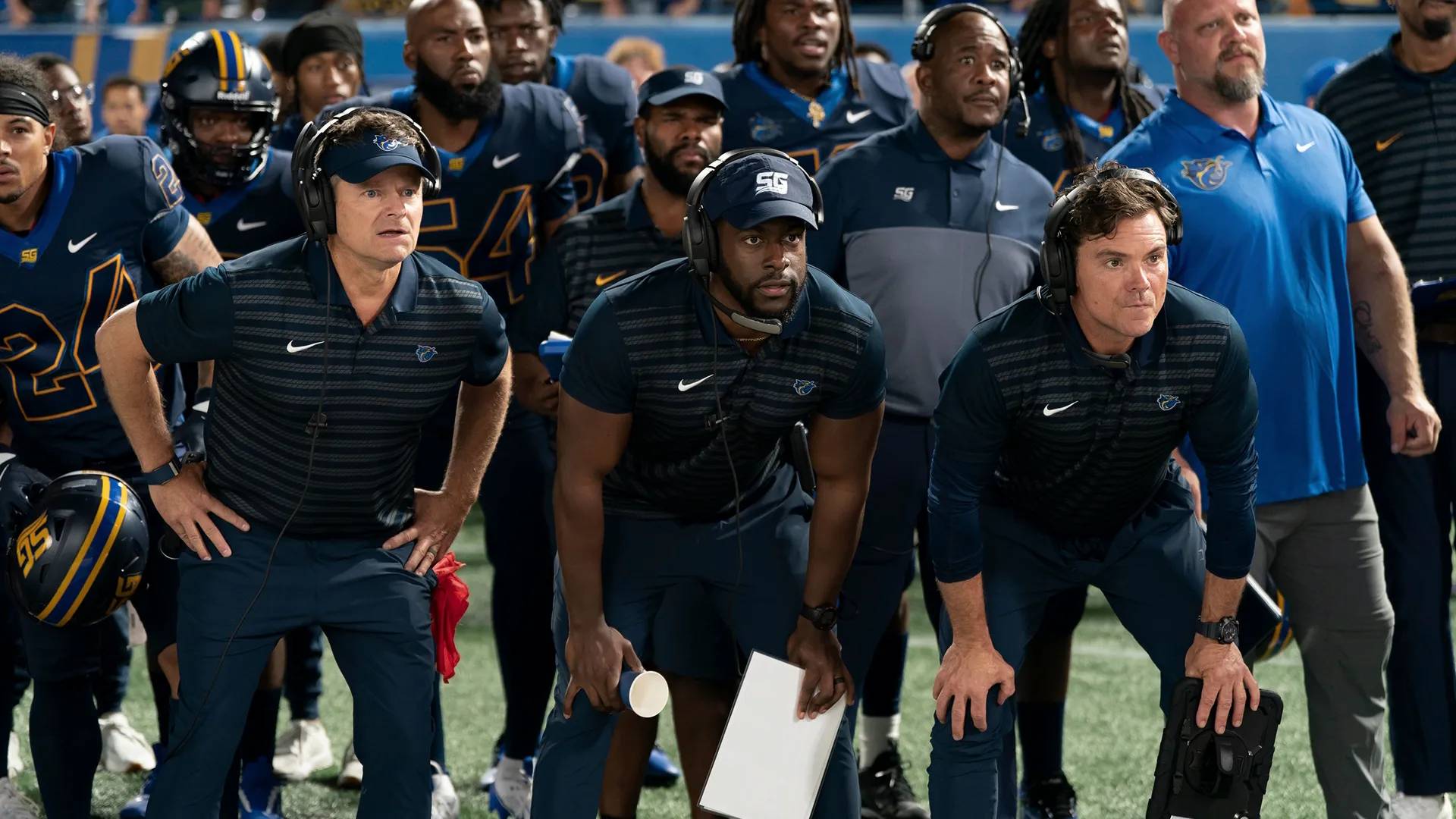 Steve Zahn, Quentin Plair, and Clayne Crawford in a still from the Disney Plus show Chad Powers