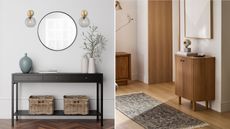 Two pictures of small entryways: one with gray walls and a black console table and one with beige walls and a wooden console table