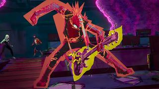 Spider-Punk rocking out on his guitar in Spider-Man: Across the Spider-Verse