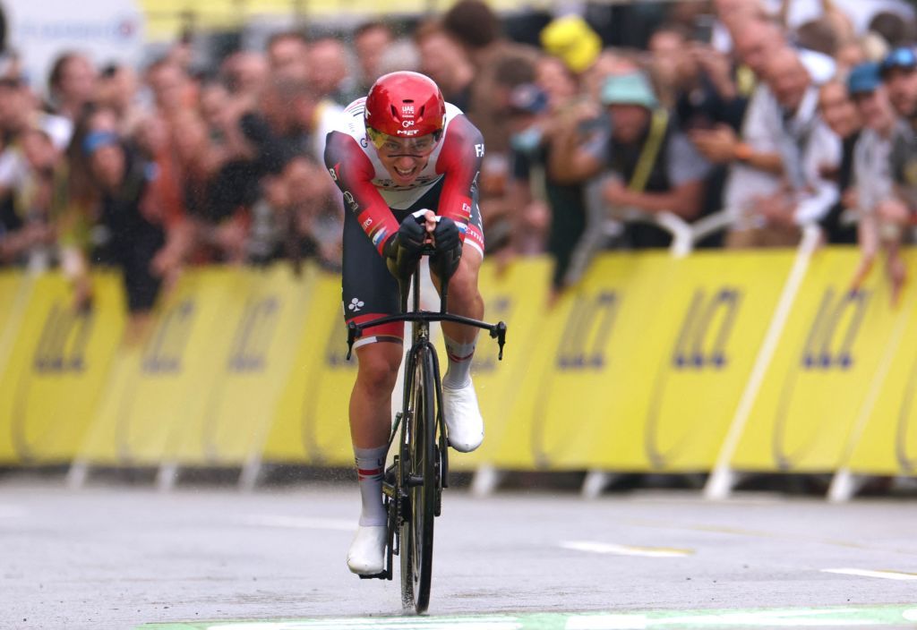 UAE Team Emirates teams Slovenian rider Tadej Pogacar cycles to the finish line during the 1st stage of the 109th edition of the Tour de France cycling race 132 km individual time trial stage in Copenhagen in Denmark on July 1 2022 Photo by Thomas SAMSON AFP Photo by THOMAS SAMSONAFP via Getty Images