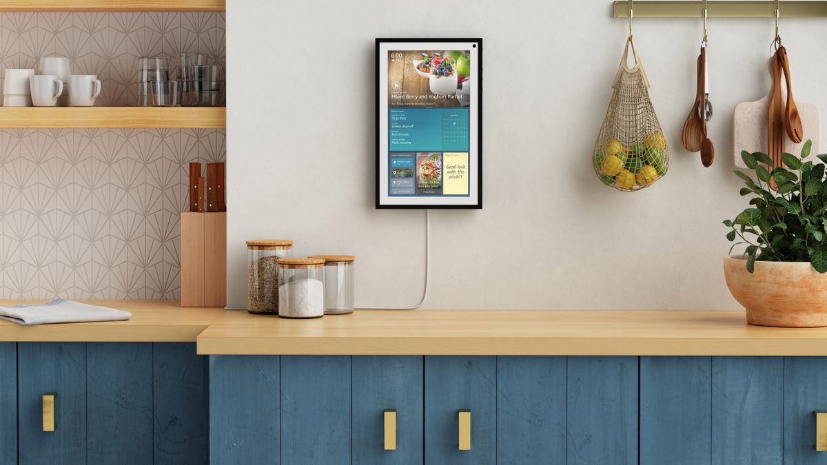 The Amazon Echo Show 15 smart display mounted on a kitchen wall