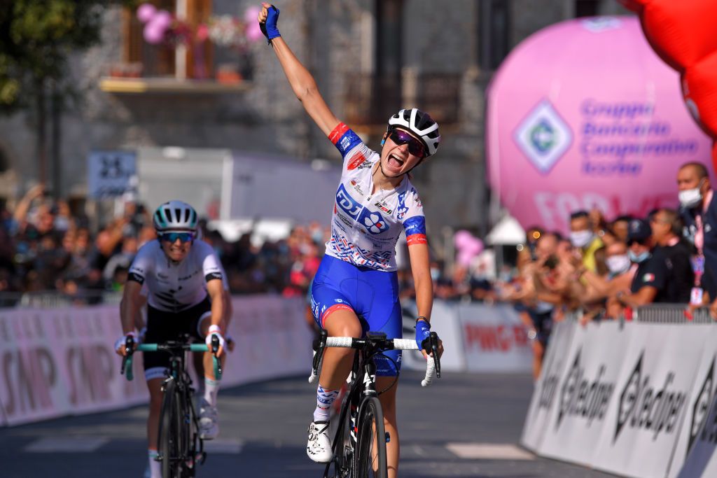 MOTTAMONTECORVINO ITALY SEPTEMBER 19 Arrival Evita Muzic of France and Team FDJ Nouvelle Aquitaine Futuroscope Celebration Niamh FisherBlack of New Zealand and Team Paule Ka during the 31st Giro dItalia Internazionale Femminile 2020 Stage 9 a 1099km stage from Motta Montecorvino to Motta Montecorvino 645m GiroRosaIccrea GiroRosa on September 19 2020 in Motta Montecorvino Italy Photo by Luc ClaessenGetty Images
