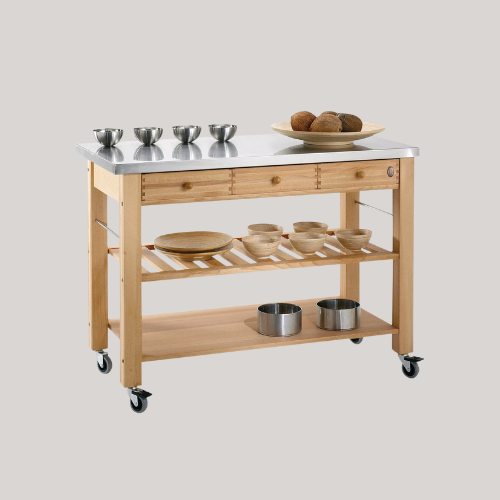Eddingtons Lambourn 3 Drawer Beech Wood Butchers Trolley With Stainless Steel Top
