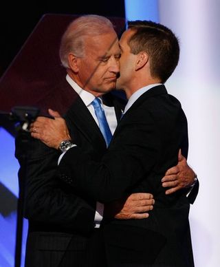 denver august 27 us democratic vice presidential nominee sen joe biden d de l is kissed by his son delaware attorney general beau biden, during day three of the democratic national convention dnc at the pepsi center august 27, 2008 in denver, colorado us sen barack obama d il will be officially be nominated as the democratic candidate for us president on the last day of the four day convention photo by mark wilsongetty images