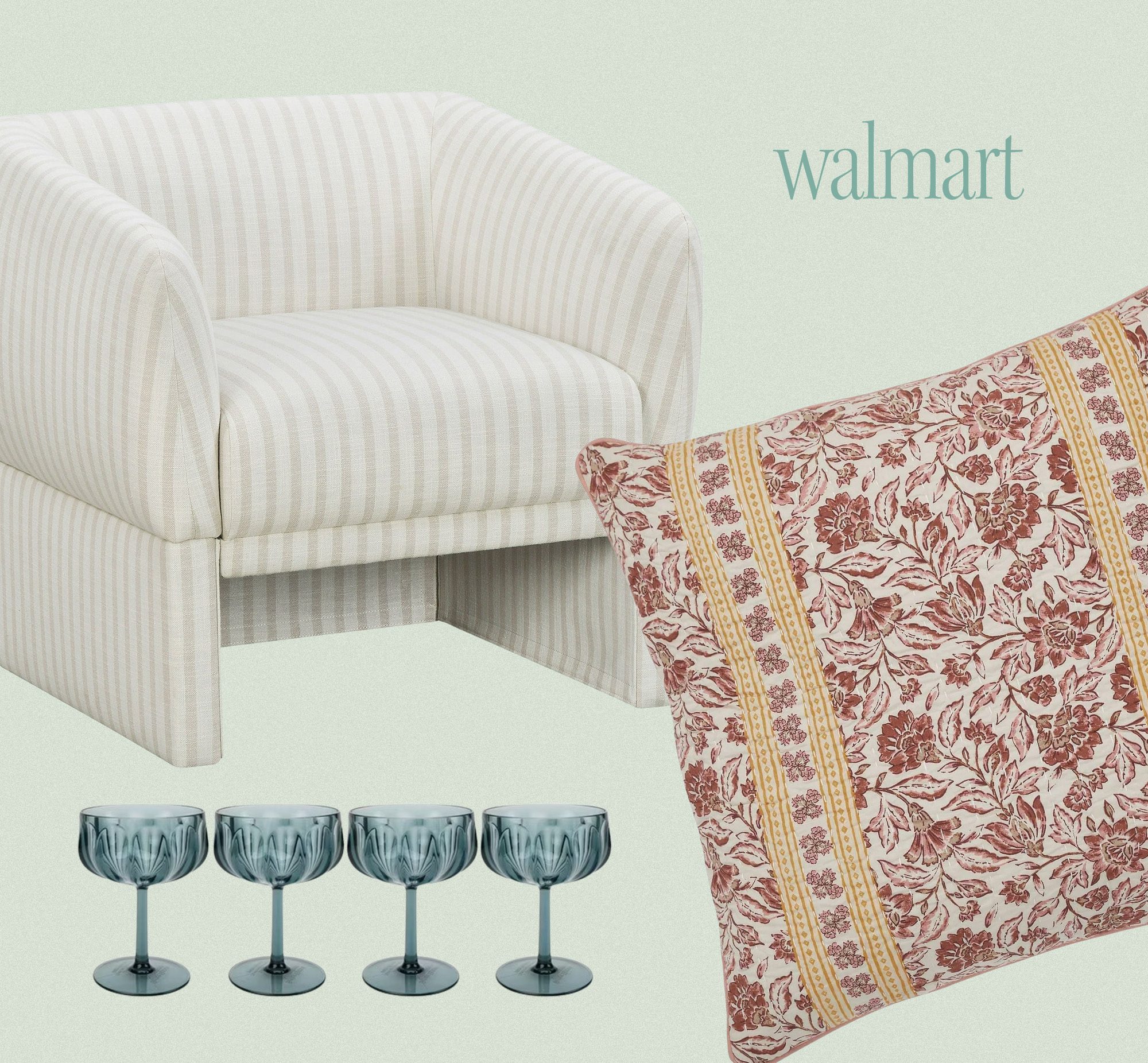 Collage of striped arm chair, blue coupe glasses, and floral-print throw pillow from Walmart