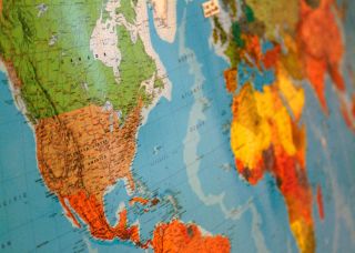 Close up of colorful globe with North America in the foreground