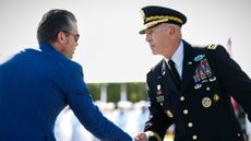 Defense Secretary Pete Hegseth shakes hands with Army Chief of Staff Gen. Randy George
