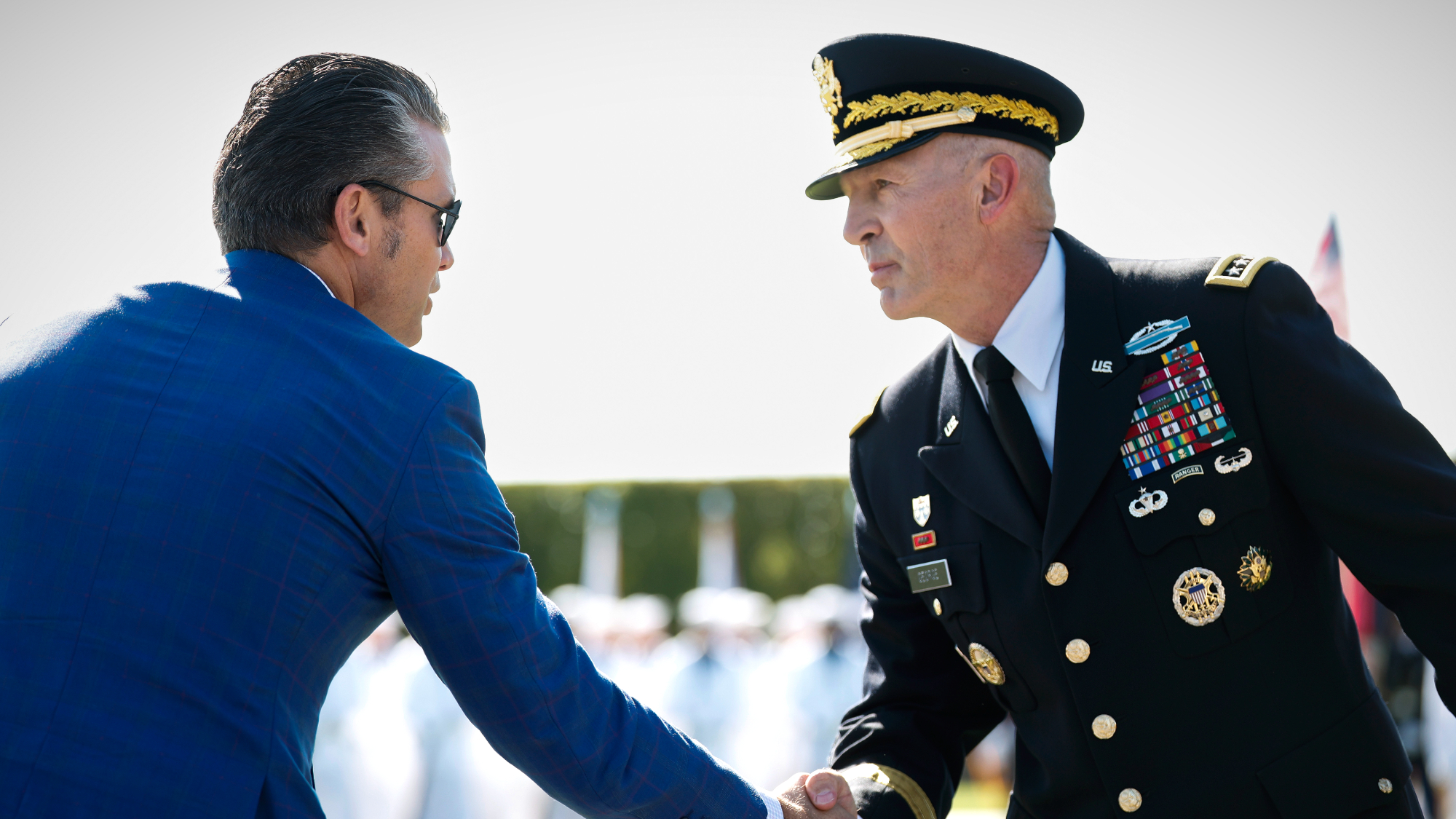 Defense Secretary Pete Hegseth shakes hands with Army Chief of Staff Gen. Randy George
