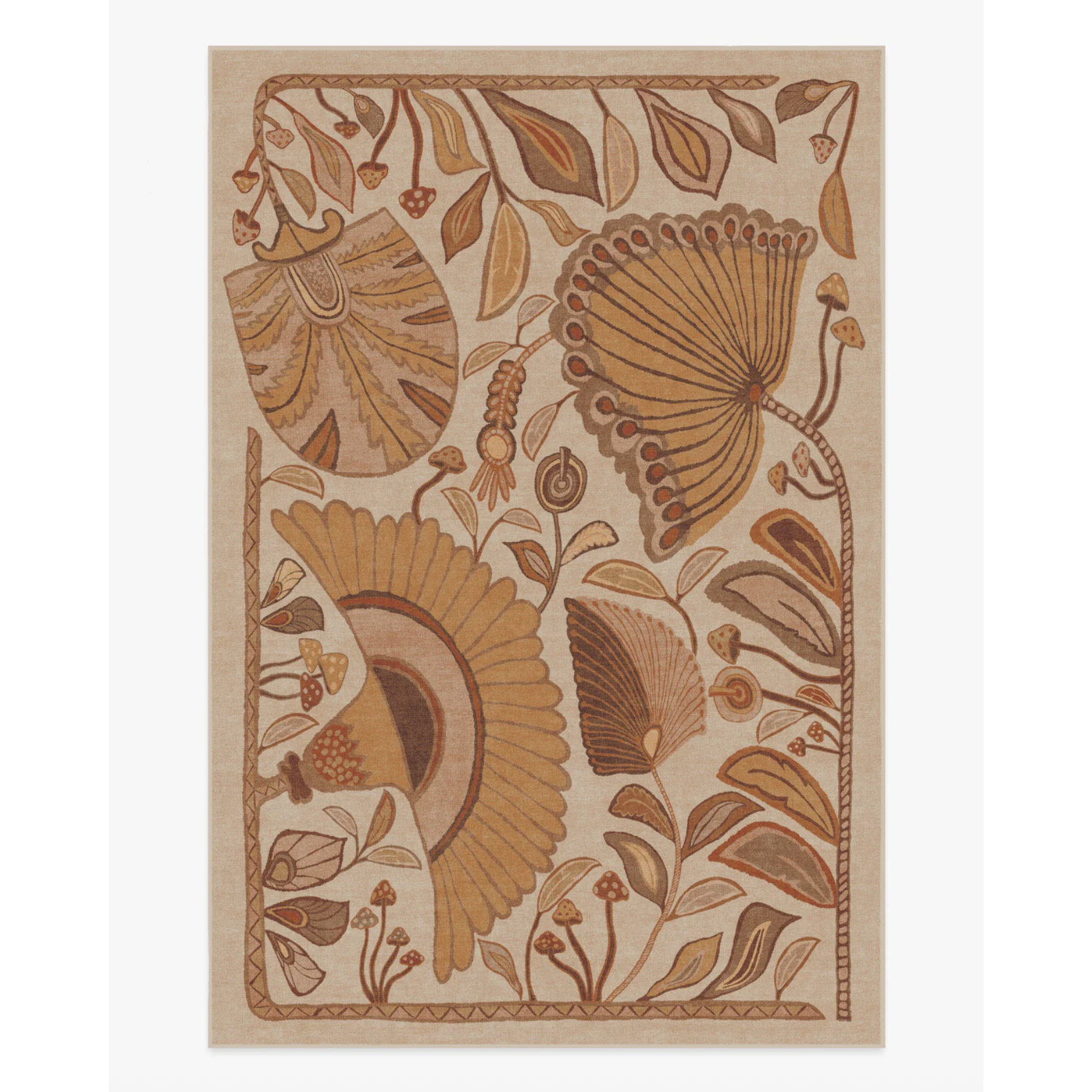 brown and beige rug with botanical motif
