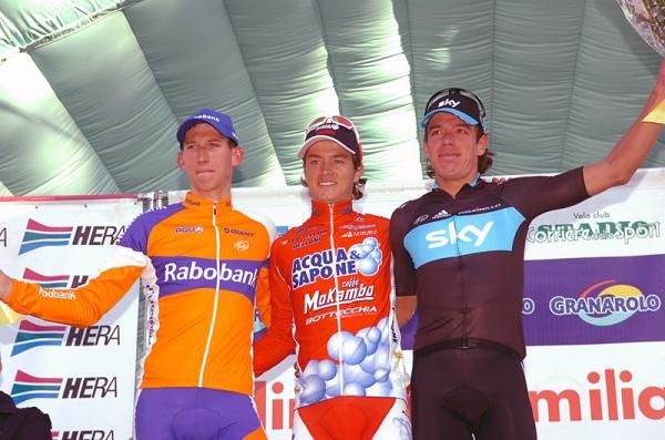 Giro dell'Emilia podium (l-r): Bauke Mollema (Rabobank), Carlos Betancur (Acqua &amp; Sapone), Rigoberto Uran (Sky)