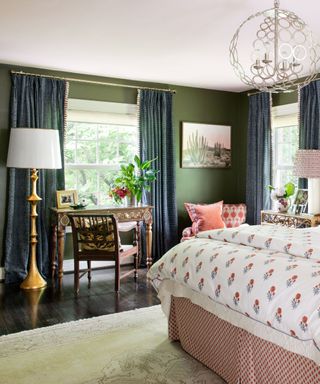 A maximalist bedroom with a seating nook