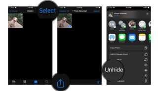 How to Unhide photos: Tap Select, Tap Share icon, Tap Unhide