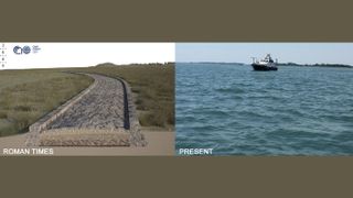 This reconstruction (at left) shows the Roman road in the Treporti Channel of the Venice lagoon, made on the basis of data from sonar scans. The photograph (at right) shows the same area today, now submerged.