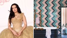 Charli XCX / Pink, black and green zig-zag tiled bathroom