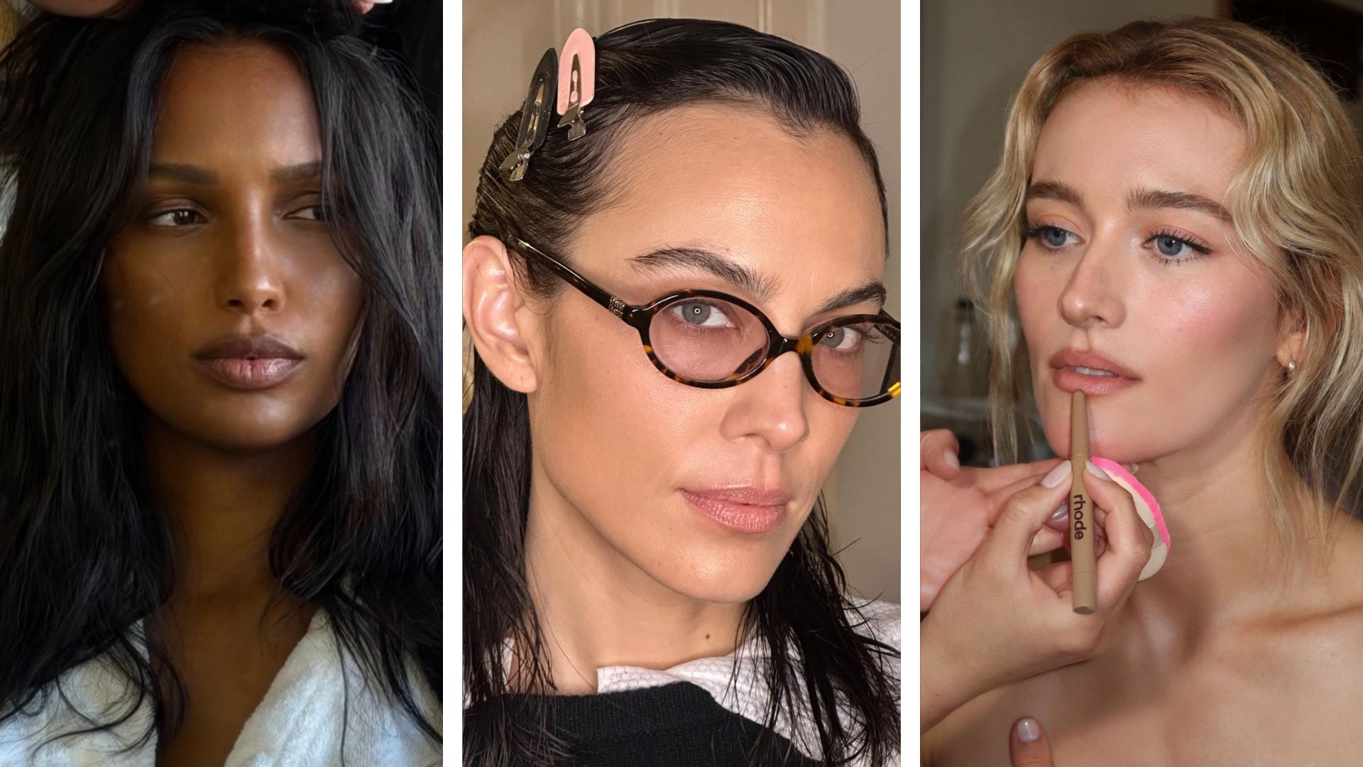 A collage with photos of Jas Tookes, Alexa Chung and Sarah Pigeon wearing spring 2026 makeup trends