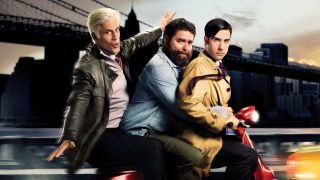 (L to R) Ted Danson, Zach Galifianakis and Jason Schwartzman ride a moped in Bored To Death