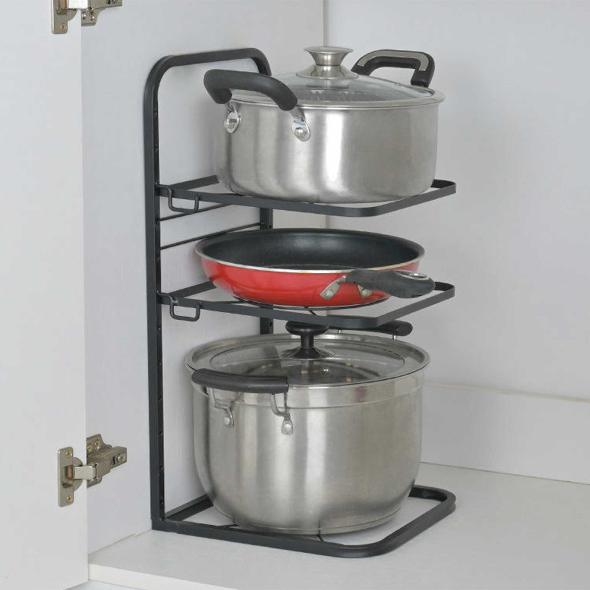 Kitchen cupboard with stacked pan storage