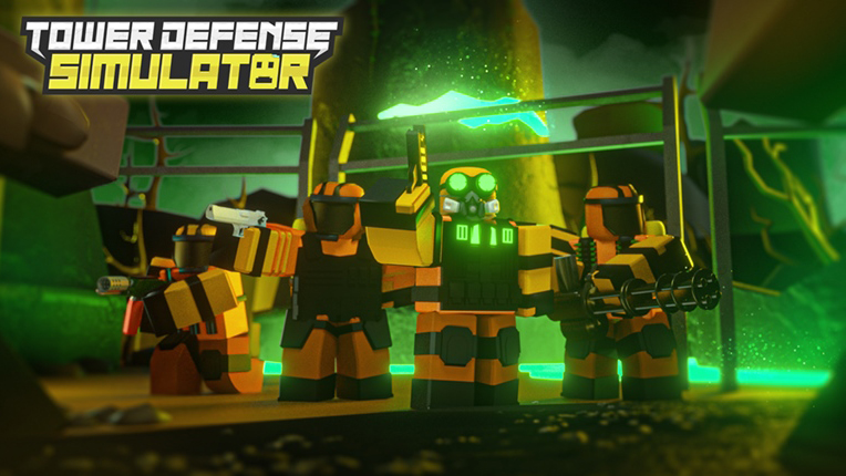 Personajes de Roblox en trajes de materiales peligrosos con 'Tower Defense Simulator' escrito en la esquina