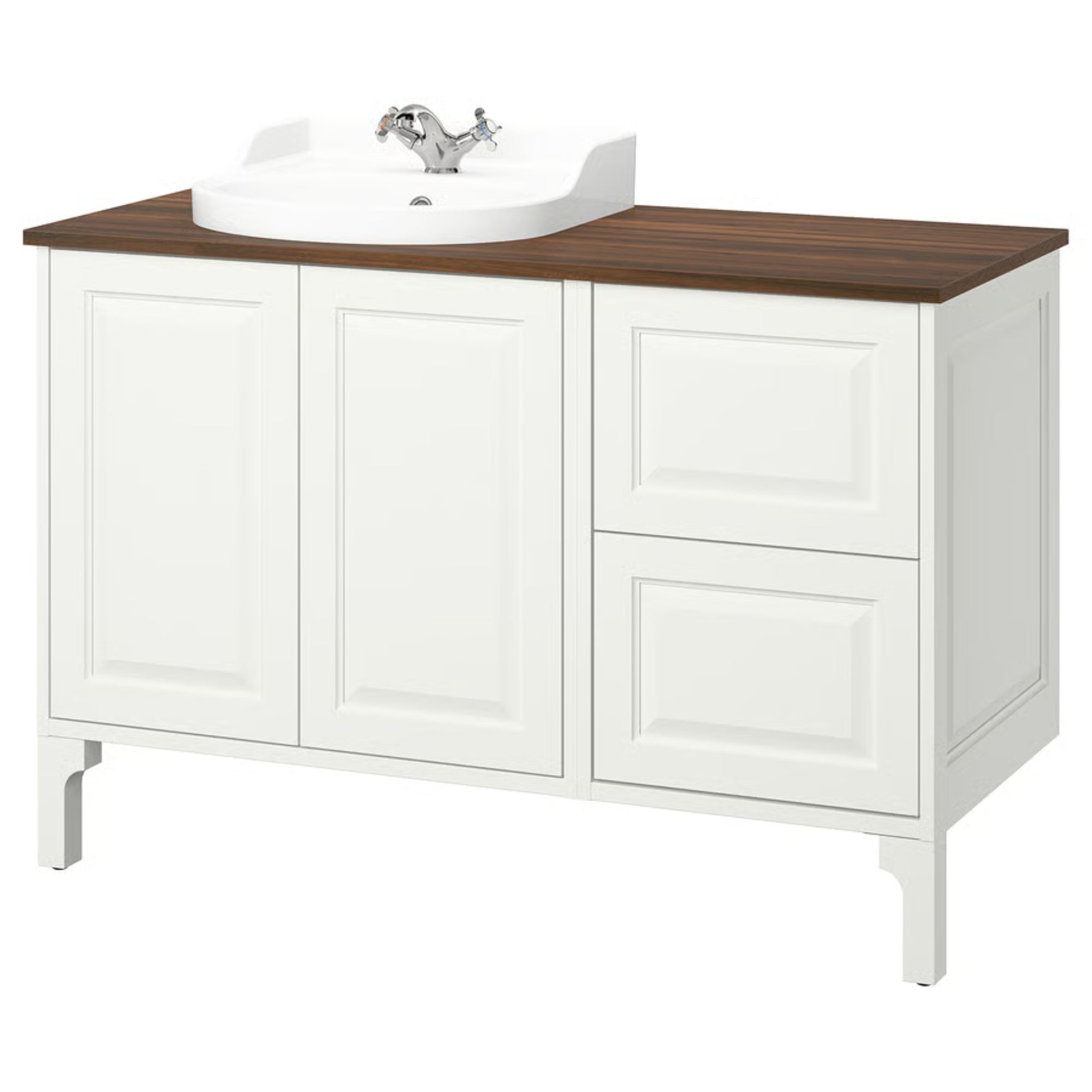 A white bathroom vanity with a wooden countertop from IKEA